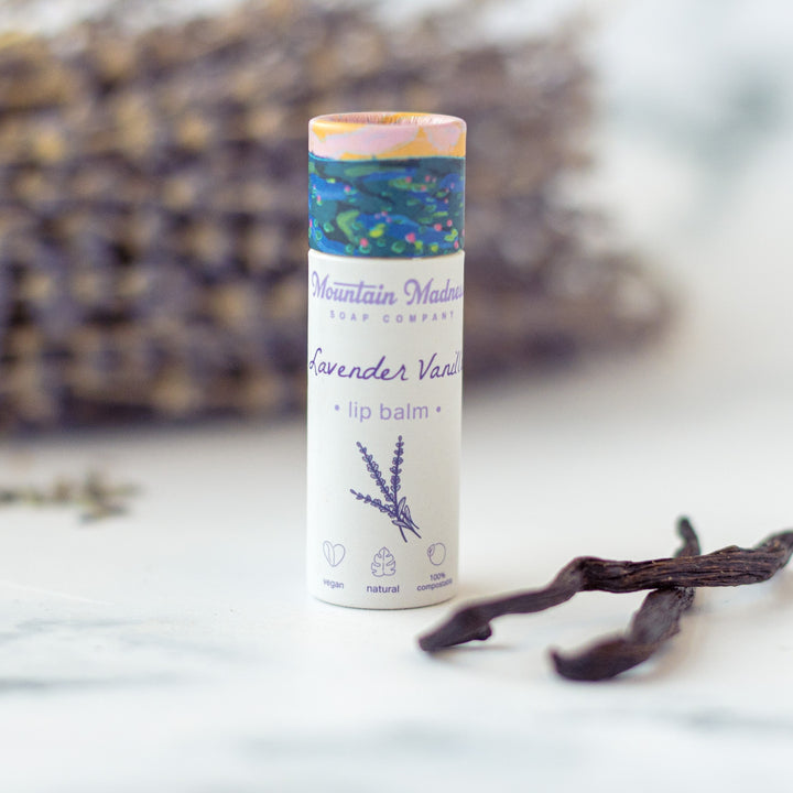 Lavender Vanilla Lip Balm, a handcrafted lip balm. Floral flavor with coconut oil, sunflower oil, and lavender essential oil.