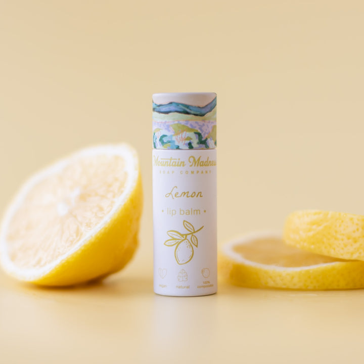 Lemon Lip Balm, a handcrafted lip balm. Citrus flavor with coconut oil, sunflower oil, and vitamin E.