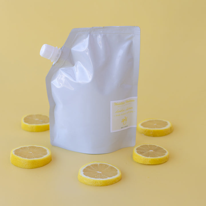 London Lemon Body Butter, a handcrafted refill. Citrus and foodie scent with shea butter and jojoba oil.