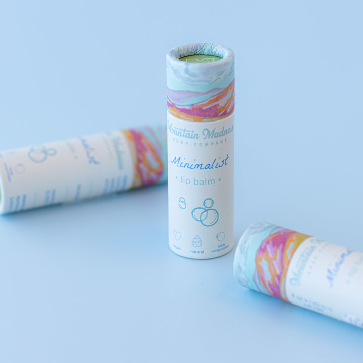 Minimalist Lip Balm, a handcrafted lip balm. Unscented with coconut oil, sunflower oil, and vitamin E.