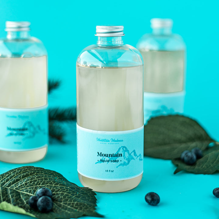 Mountain Liquid Soap, a handcrafted liquid soap. Berry and woodsy scent with coconut oil, olive oil, and jojoba oil.