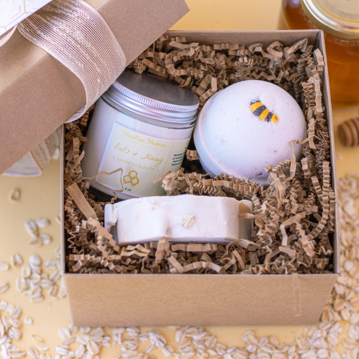 Oats & Honey Gift Set, a handcrafted bath product set. Foodie scent with oatmeal, vanilla, and honey.
