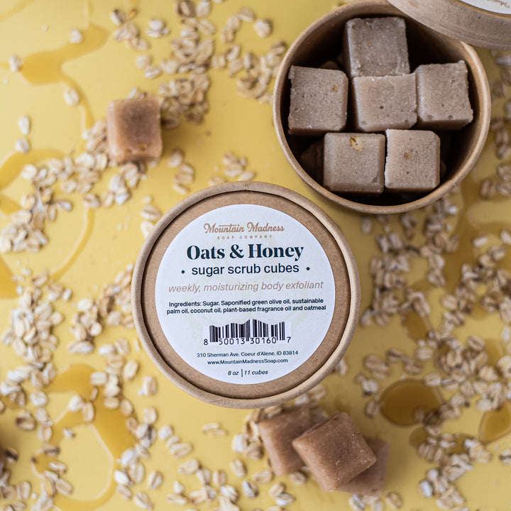 Oats & Honey Sugar Scrub Cubes - Foodie scent handcrafted sugar scrub with oatmeal and honey in compostable kraft container