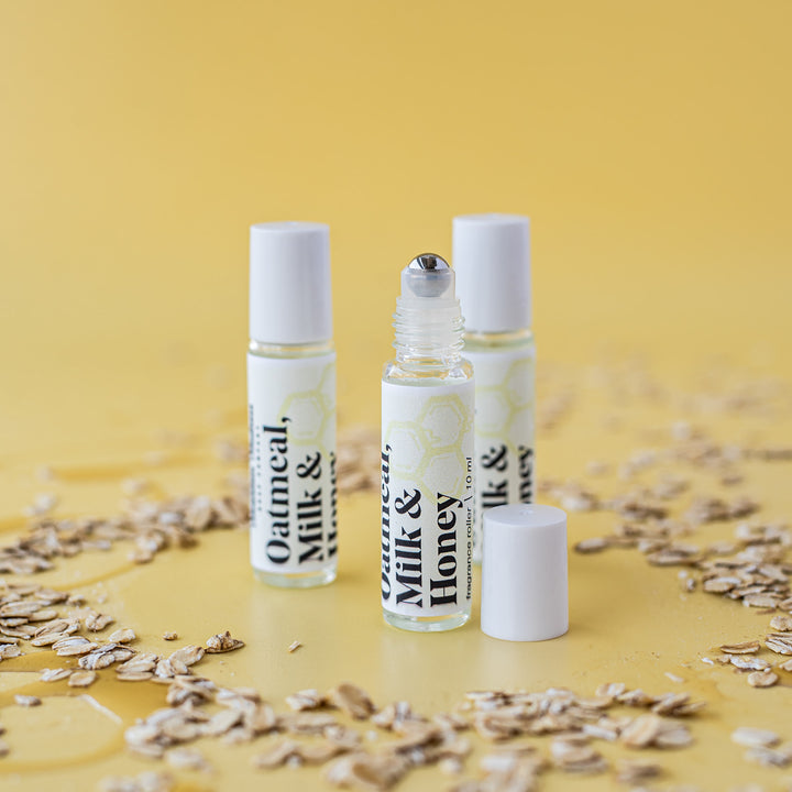 Oatmeal, Milk & Honey Perfume Rollerball, handcrafted fragrance. Foodie scent with coconut oil and plant-based fragrance.