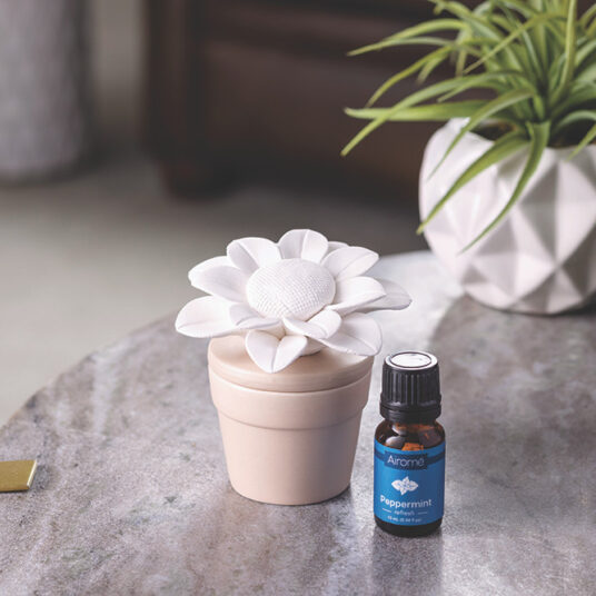 Porcelain Aroma Diffuser in sunflower design. Includes peppermint essential oil for customizable aromatic ambiance.