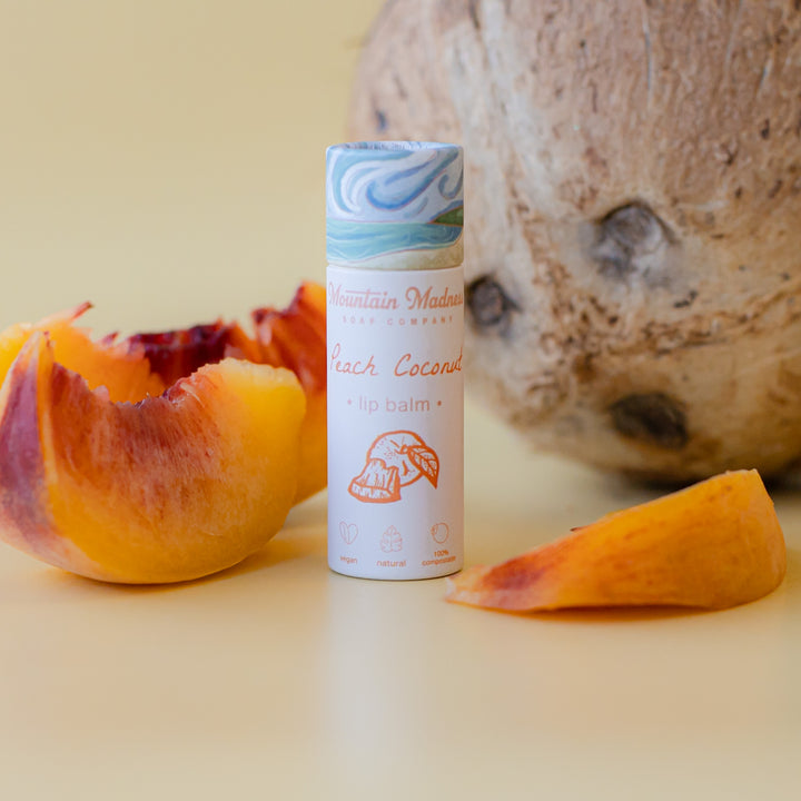 Peach Coconut Lip Balm - fruity handcrafted lip balm with coconut oil, sunflower oil, and vitamin E in eco-friendly packaging