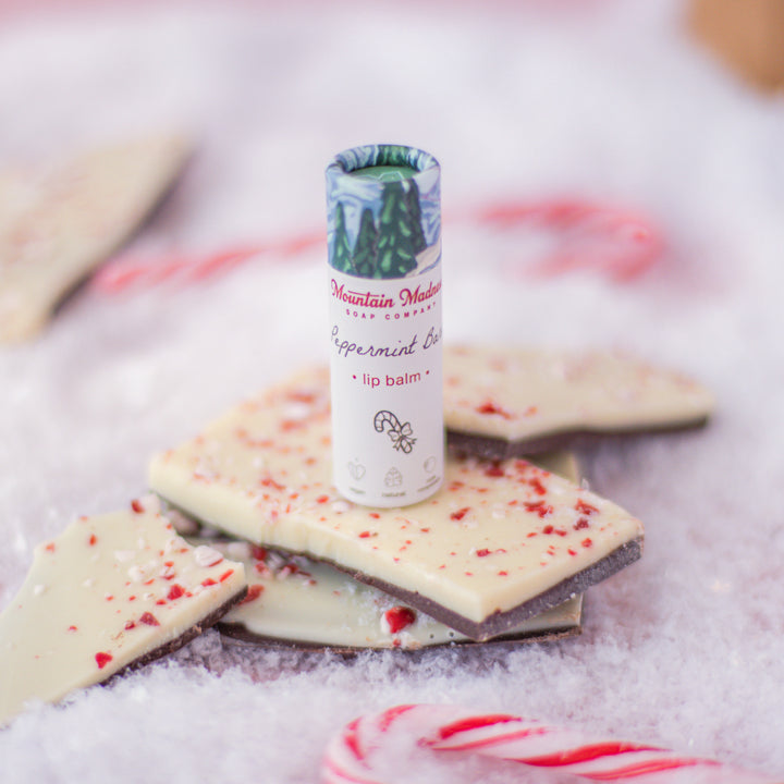 Peppermint Bark Lip Balm, a handcrafted lip balm. Minty and foodie flavor with peppermint essential oil and chocolate.
