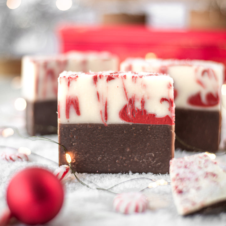 Peppermint Bark Soap, a handcrafted bar soap. Minty and foodie scent with peppermint essential oil and cocoa powder.