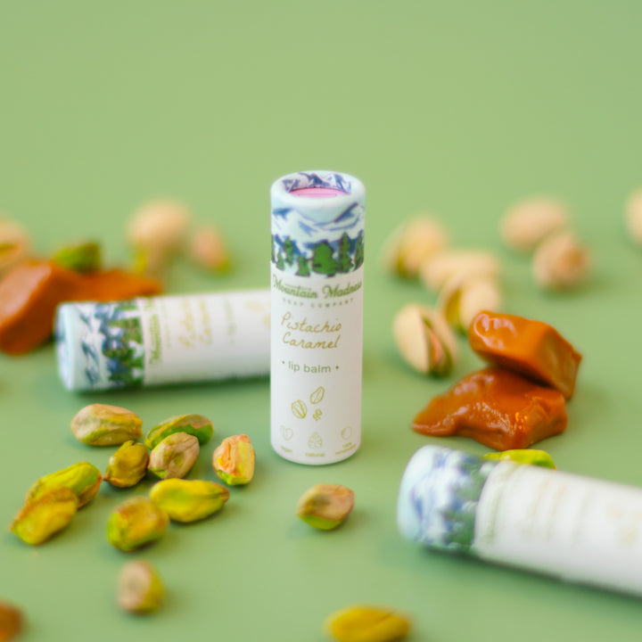Pistachio Caramel Lip Balm, a handcrafted lip balm. Nutty pistachio and sweet caramel with coconut oil and vitamin E.
