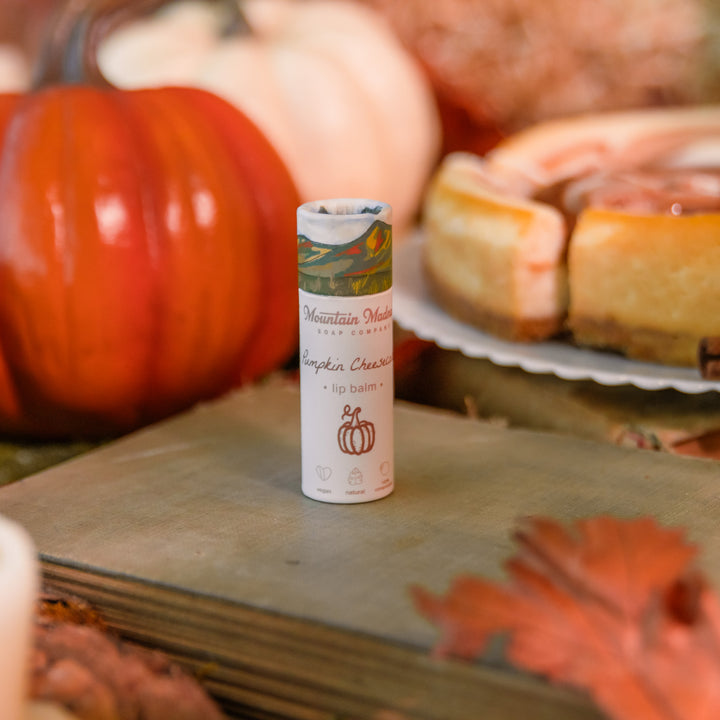 Pumpkin Cheesecake Lip Balm, a handcrafted lip balm. Foodie and spicy flavor with coconut oil and vanilla.