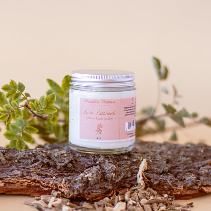 Pure Patchouli Body Butter, a handcrafted body butter. Earthy herbal scent with shea butter, cocoa butter, and jojoba oil.