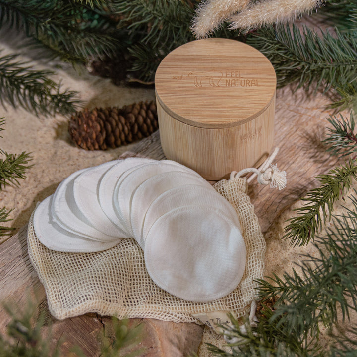 Reusable Facial Rounds with Wash Bag and Bamboo Storage Box, a facial care product.