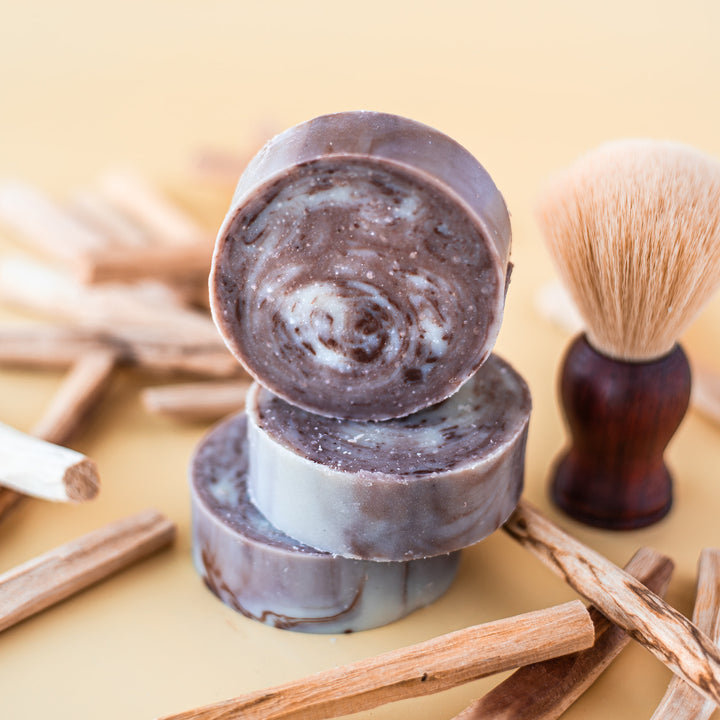 Sandalwood Shaving Soap, a handcrafted shaving soap. Woodsy scent with coconut oil, olive oil, and bentonite clay.