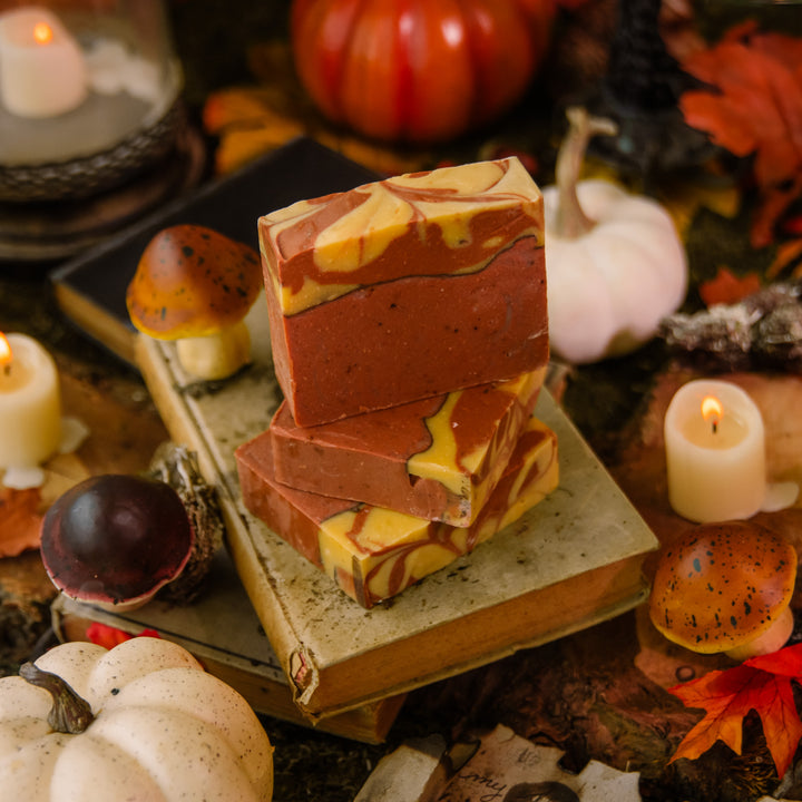 Smoldering Pumpkin Soap, a handcrafted bar soap. Foodie, woodsy, spicy scent with sustainable palm oil and coconut oil.
