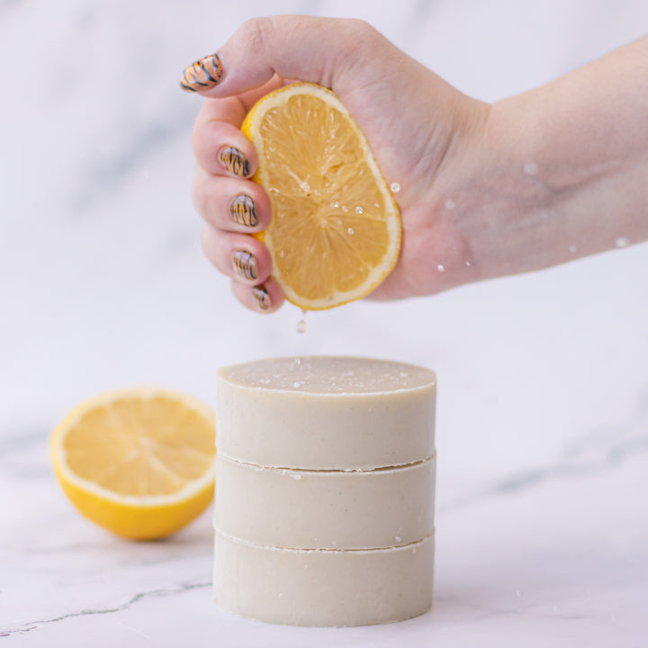 Solid Dish Soap - Citrus and fresh lemon handcrafted solid dish soap bar made with coconut oil, castor oil, and bentonite