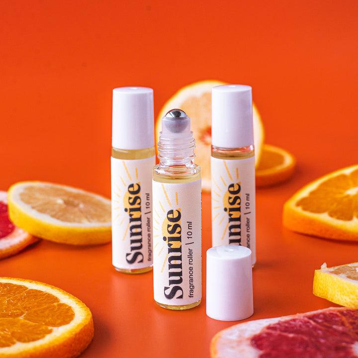 Sunrise Perfume Rollerball, a handcrafted perfume roller. Citrus scent with fractionated coconut oil and essential oils.
