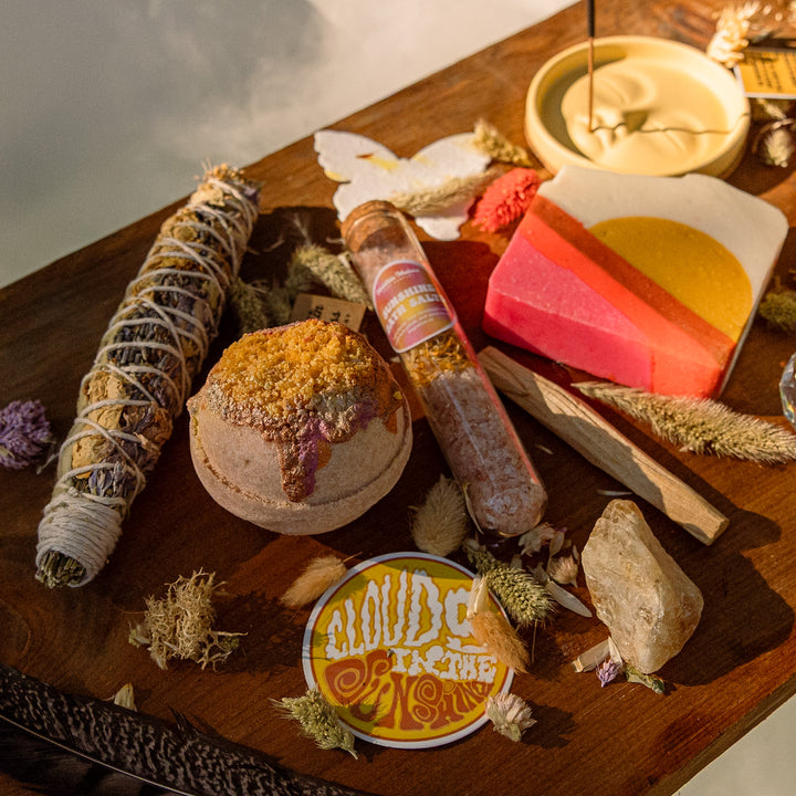 Sunshine Ritual Box, a handcrafted bath product set. Citrus and floral scents with natural ingredients.