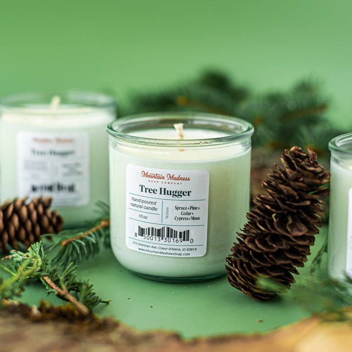 Tree Hugger Candle - woodsy handcrafted soy and coconut candle with cedarwood, pine, and fir in recycled glass jar
