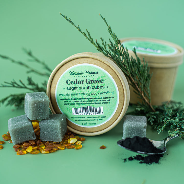Cedar Grove Sugar Scrub Cubes - Woodsy, musky handcrafted sugar scrub with cedarwood, activated charcoal and plant-based oils