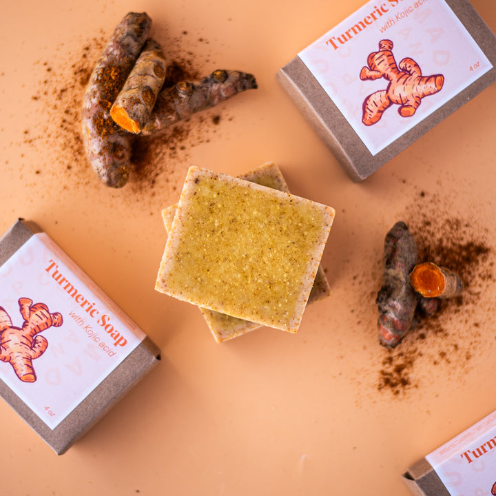 Turmeric Soap - Citrus-scented handcrafted bar soap with turmeric, kojic acid, and chamomile flowers