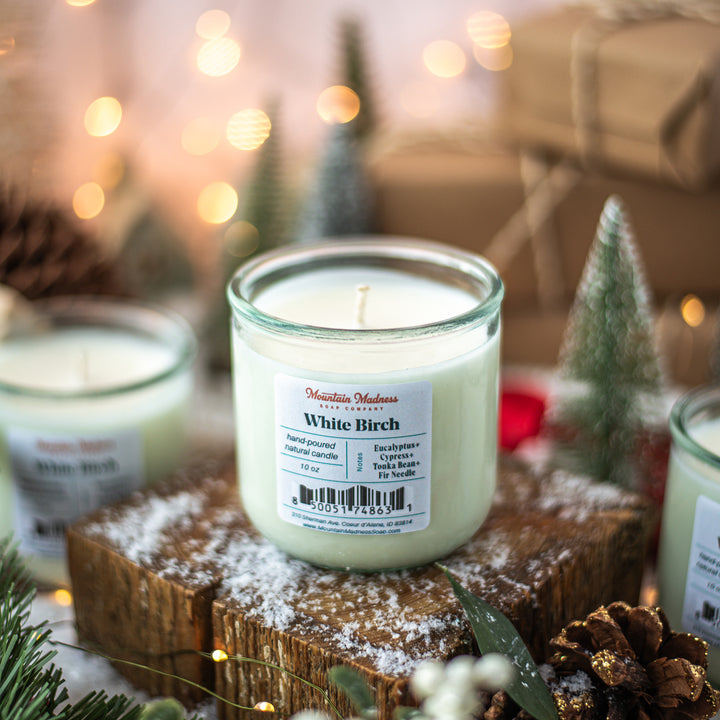 White Birch Candle, a handcrafted candle. Woodsy scent blending birch, pine, eucalyptus, mint, and tonka bean.