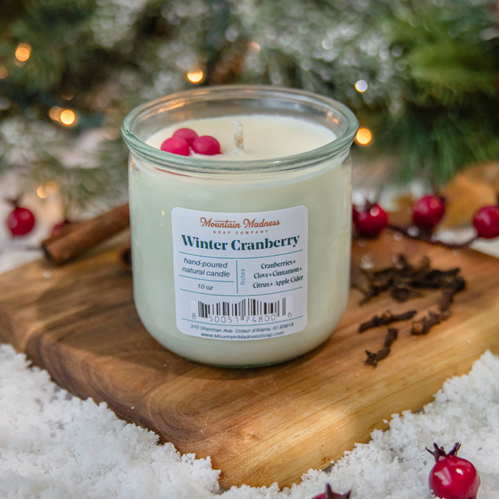 Winter Cranberry Candle, a handcrafted candle. Berry, foodie and spicy scent with cranberries, clove, cinnamon and citrus.